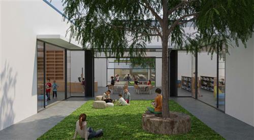 This shows the possible shape of a redesigned library with easy outdoor access. 