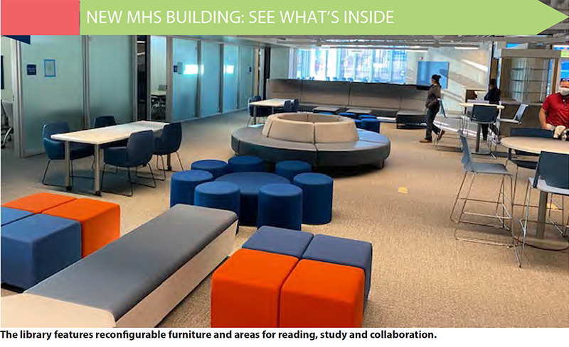 The library features reconfigurable furniture and areas for reading,  study, and collaboration 