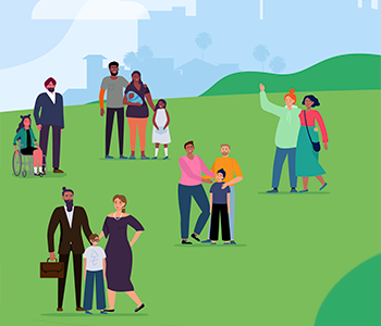 diverse families in a green field